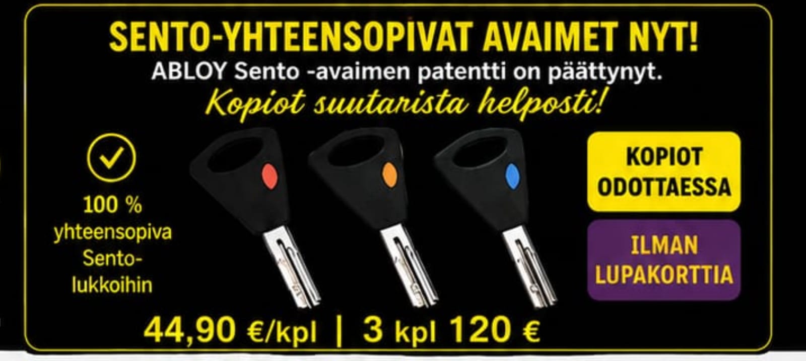 Kolme ABLOY Sento -yhteensopivaa avainta, punainen, oranssi ja sininen tunniste